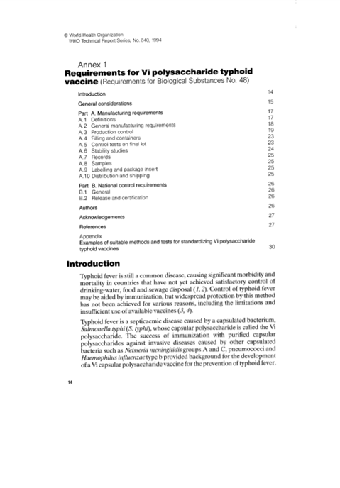 Requirements for Vi Polysaccharide Typhoid Vaccine, Annex 1, TRS No 840